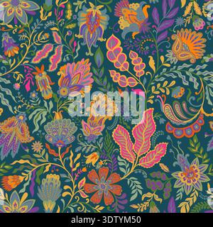 Warm Folk Botanical Stripe Pattern Stock Vector