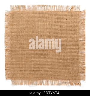 Top view of a square piece of brown natural burlap with decorative fringed edges isolated on a white background. High resolution. Stock Photo