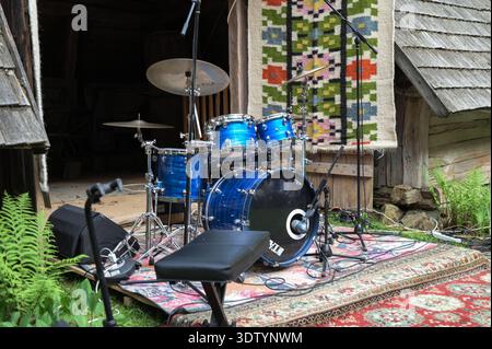 Lviv.Ukraine. June 15, 2023.Drum set in studio. Drums. Drum kit. musical concept background. musical instruments.Professional drum set on stage on the Stock Photo