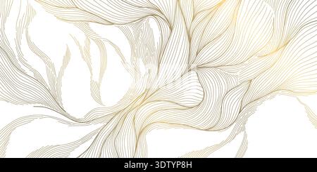Elegant gold line floral pattern on white background, abstract waves, flowing curves, botanical elements. Luxury vector illustration, Japanese Stock Vector