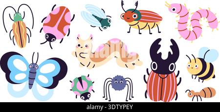 Doodle insects. Cartoon caterpillar, worm, beetle and butterfly. Funny spider and ant, fly and ladybug. Nature dwellers, lives in forest. Children Stock Vector