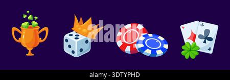 Cartoon gambling icons. Casino symbols, lucky clover, golden cup with diamonds, gaming chips, cube. Online gaming app elements, victory, win, vector Stock Vector