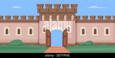 Open gates door in medieval stone wall. Fairytale background, kingdom, castle doors. Cartoon old time decorative architectural element, vector design Stock Vector