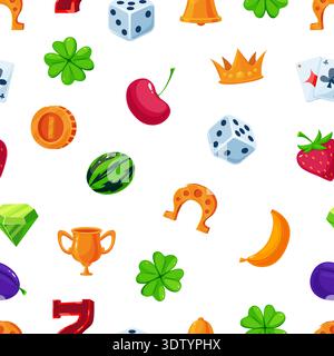 Gambling elements seamless pattern. Lucky cartoon icons, clover, diamond, coin and cherry. Lottery print template for fabric, textile, vector Stock Vector