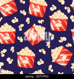 Popcorn seamless pattern. Red striped popcorn bucket and kernels. Cinema snack, movie watching food. Print for fabric, textile, wallpaper, nowaday Stock Vector