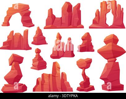 Sand desert rocks. Cartoon canyon mountains, cracked cliffs. Nature landscape elements with sunburned stones. Rock design, nowaday vector clipart Stock Vector