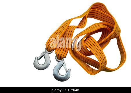 tow strap rope of yellow or orange color with hooks isolated on a white background close-up.Towing strap with steel hooks, on a grey background, top v Stock Photo