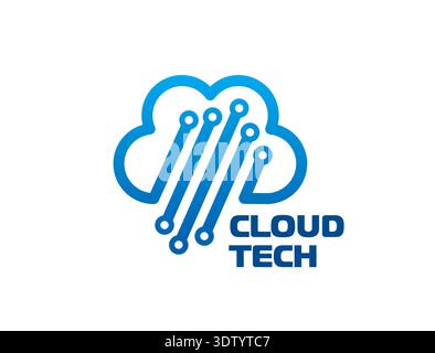 Cloud technology company or service abstract icon. Internet connection digital solution company vector symbol, data hosting startup icon. Network software sign with electronics motherboard blue traces Stock Vector