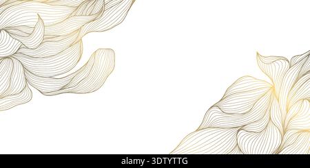 Elegant gold line pattern with abstract waves, delicate floral leaves on white. Luxury vector background illustration, Japanese ornament, art deco Stock Vector