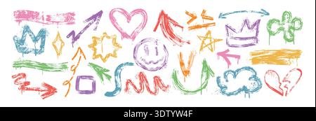 Hand drawing brush arrows different shapes. Colorful bold smile, crowns, heart, stars, cloud and abstract scribbles vector set. Spray paint graffiti elements with drips and splatters in grunge style Stock Vector
