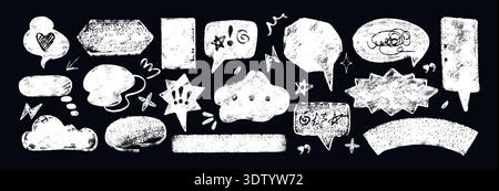 White crayon text box shapes on chalkboard. Vector set of hand drawing kids chalk speech bubble frames with grunge texture. Childish doodle talk balloon in sketch style. Comic dialog chat with symbols Stock Vector