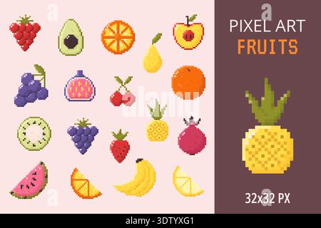 Pixel art fruit icons set. Isolated elements Stock Vector