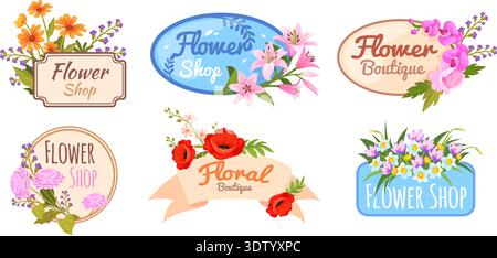 Flowers shop logo. Florist flower store logotypes set isolated icons, decorative badges floral frames boutique labels beauty vintage nature herbal design, neat vector illustration original artwork Stock Vector