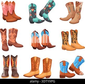 Cartoon cowboy boots. Western american boot with spur for rodeo, cowgirl country dance traditional texas ranch shoe wild west cowboys leather footwear, set neat vector illustration original artwork Stock Vector