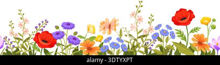 Cartoon wildflowers border. Spring flowers seamless pattern, field garden flower stem summer meadow plant panoramic horizontal floral banner bloom branch neat vector illustration original artwork Stock Vector