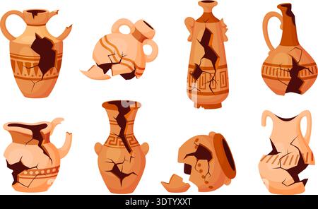 Broken pottery. Ancient cracked vase antique ceramic jug clay jar fragmented piece vessel amphora fragile urn crockery greek pot ruin archaeological qualitative vector illustration original artwork Stock Vector