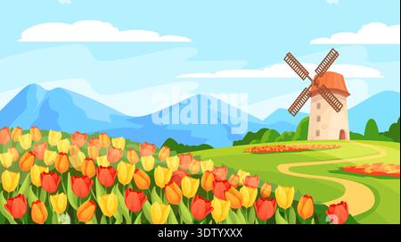 Tulips field landscape. Colorful garden tulip spring flowers meadow cartoon nature background, green wildflowers plants blue sky scenery panoramic banner, neat vector illustration original artwork Stock Vector