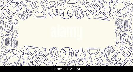 Education frame icon in doodle style for back to school design. Illustration background with backpack, globe, books and math symbols for stationery Stock Vector