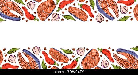 Seafood border illustration with salmon fillet, chili pepper, garlic and herbs in flat style. Perfect culinary background on white for menu and food Stock Vector