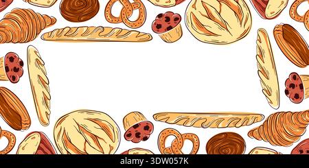 Border with flat style bakery product including bread, baguette, croissant and pretzel. Illustration background for cafe menu, packaging and textile Stock Vector