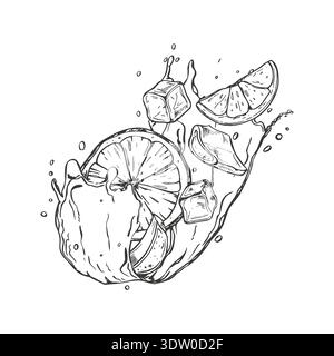 Lemon slices, cut aloe leaves and ice cubes on water splash vector illustration in black ink etching style. Hand drawn cold citrus fruit, succulent Stock Vector