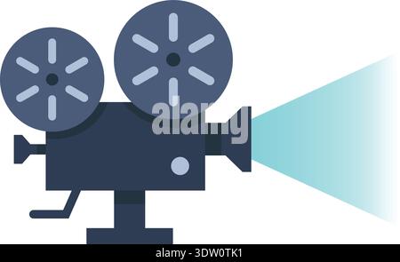Flat illustration of a vintage film camera with twin reels projecting a light beam Stock Vector