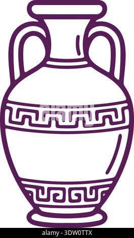 Purple outline illustration of a greek amphora vase with handles and geometric trim pattern Stock Vector