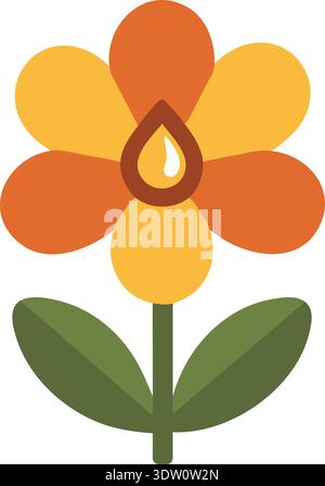 Flat illustration of a simple orange flower with a center drop shape and two green leaves Stock Vector