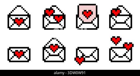 Retro pixel heart envelope letter in classic arcade videogame art style forming digital love mail concept for 8bit gamer graphics vector illustration Stock Vector
