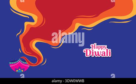 Modern Happy Diwali banner featuring colorful diya lamp with flowing flame smoke on dark blue background. Festival of lights celebration template. Stock Vector