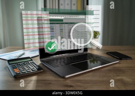 Compliance audit report and financial approval verification concept with checklist and search spreadsheet data, accountant analyzes records on a lapto Stock Photo