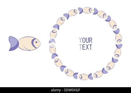 Fish icon, chain ornament frame, circle shape border, hand drawn ink blob brush line stroke, sketch doodle groovy style design, elegant blue colour Stock Vector