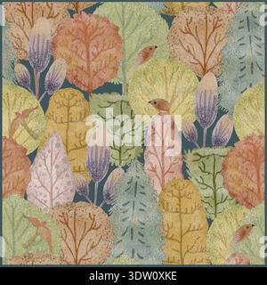 Seamless vector design featuring hand-drawn birds nestled in colorful layered leaves. The painterly textures and muted palette create a warm autumnal Stock Vector
