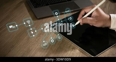 Businessman using a computer to document management concept, online documentation database and digital file storage system/software, records keeping, Stock Photo