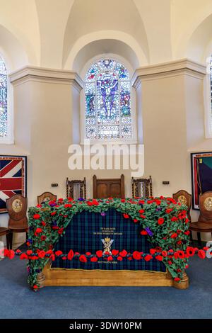 Stained glass window and altar in the garrisoin chapel, Fort George, 18th century fort near Ardersier, Highland, Scotland, UK Stock Photo