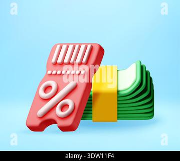 3d discount coupon with stack of green cash Stock Vector
