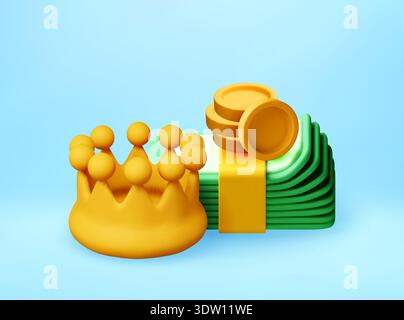 3d Golden crown with stack of money and coins Stock Vector