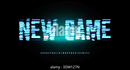 Digital Glitch Font Logo Alphabet Button, Turquoise Neon Glowing Light Future Noise Effect Letter Signs Set, Computer Game Typographic Design Stock Vector