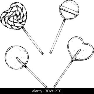Black and white line art illustration set of lollipops in round, swirl and heart shapes. Hand drawn candy collection in ink style for Valentine Stock Vector