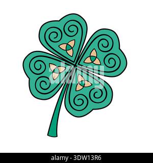Clover leaf colorful icon in ancient Celtic style. Vector isolated illustration. Stock Vector