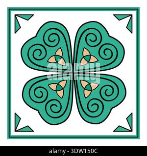 Traditional ornated tile with clover leaf. Celtic style azulejo vector illustration Stock Vector