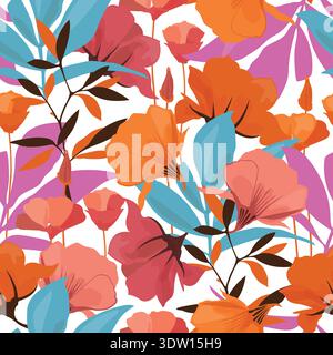 Vector floral seamless pattern. Orange, red, pink flowers Stock Vector