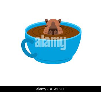 Cute capybara taking a bath in a blue coffee cup. Funny morning coffee, spa and relaxation concept. Flat vector illustration isolated on white backgro Stock Vector