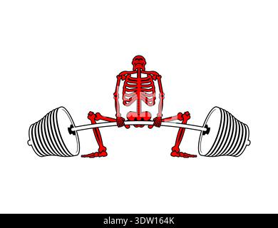 Red skeleton character lifting a heavy barbell. Funny bodybuilding and fitness concept for gym motivation or Halloween. Flat vector illustration isola Stock Vector