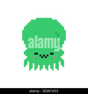 Cute pixel art Cthulhu monster with wings and tentacles. Retro 8-bit game style icon for fantasy, horror and sea creature concepts. Isolated flat vect Stock Vector