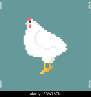 Pixel art white hen on a teal background square. Retro 8-bit game style farm animal icon. Simple flat vector of a chicken isolated on white. Stock Vector
