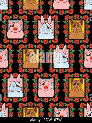 Seamless pattern with cute animals in vintage floral frames on black. Portraits of rabbit, pig and capybara. Folk art style nursery wallpaper vector i Stock Vector