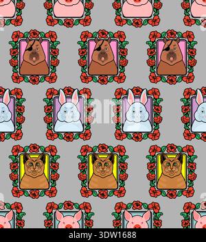 Seamless pattern with animals in vintage floral frames on grey. Portraits of pig, capybara and rabbit. Folk art style nursery wallpaper vector illustr Stock Vector