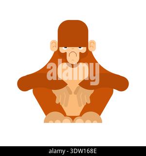 Funny orange chimpanzee character sitting and looking forward. Concept of wildlife, nature and animal protection. Flat vector illustration isolated on Stock Vector