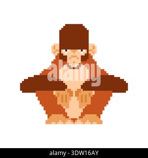 Pixel art brown chimpanzee sitting. Retro 8-bit game style animal character icon for wildlife, zoo and nature concepts. Flat vector isolated on white Stock Vector